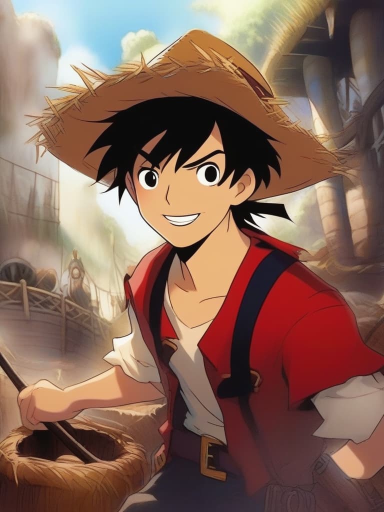  masterpiece,one boy,shaggy shorthair,black hair,(((straw hat))),smile,((scar under right eye)),red vest,blue pants,pirate ship