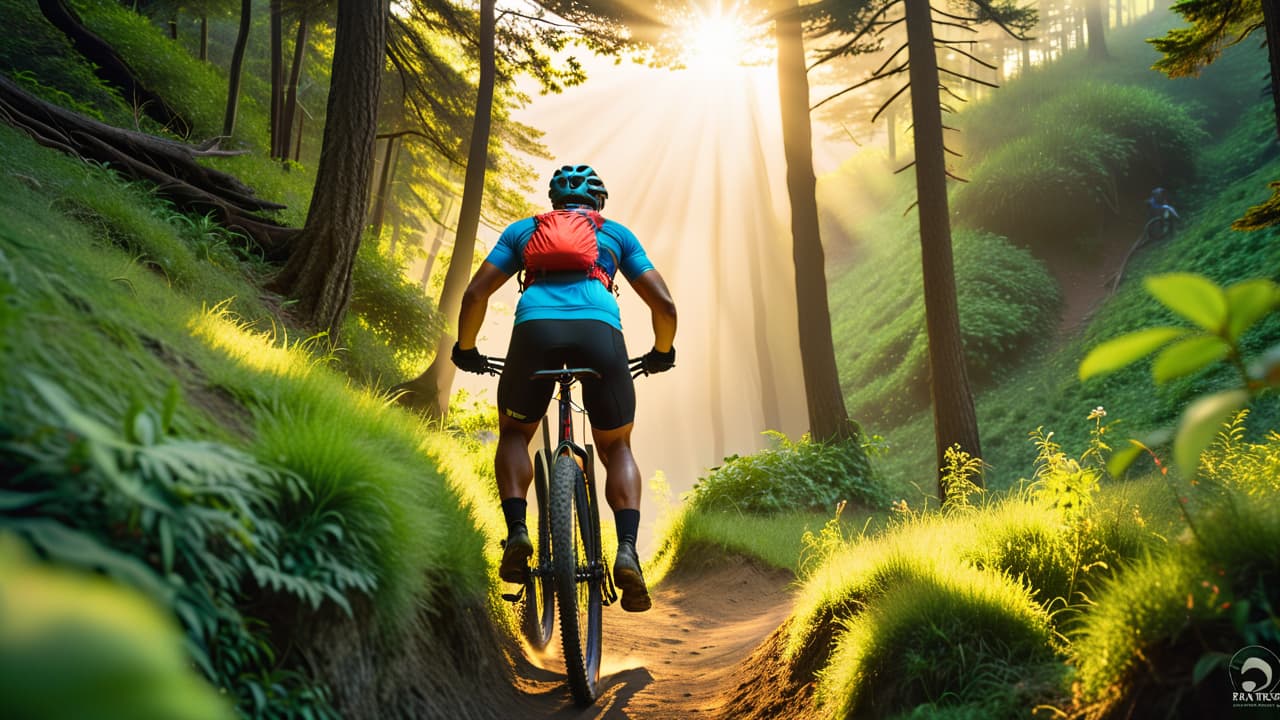  a dynamic scene of a mountain biker navigating a rugged trail, surrounded by lush greenery and rocky terrain, showcasing the athlete's toned physique. the sun sets in the background, casting a golden glow over the landscape. hyperrealistic, full body, detailed clothing, highly detailed, cinematic lighting, stunningly beautiful, intricate, sharp focus, f/1. 8, 85mm, (centered image composition), (professionally color graded), ((bright soft diffused light)), volumetric fog, trending on instagram, trending on tumblr, HDR 4K, 8K