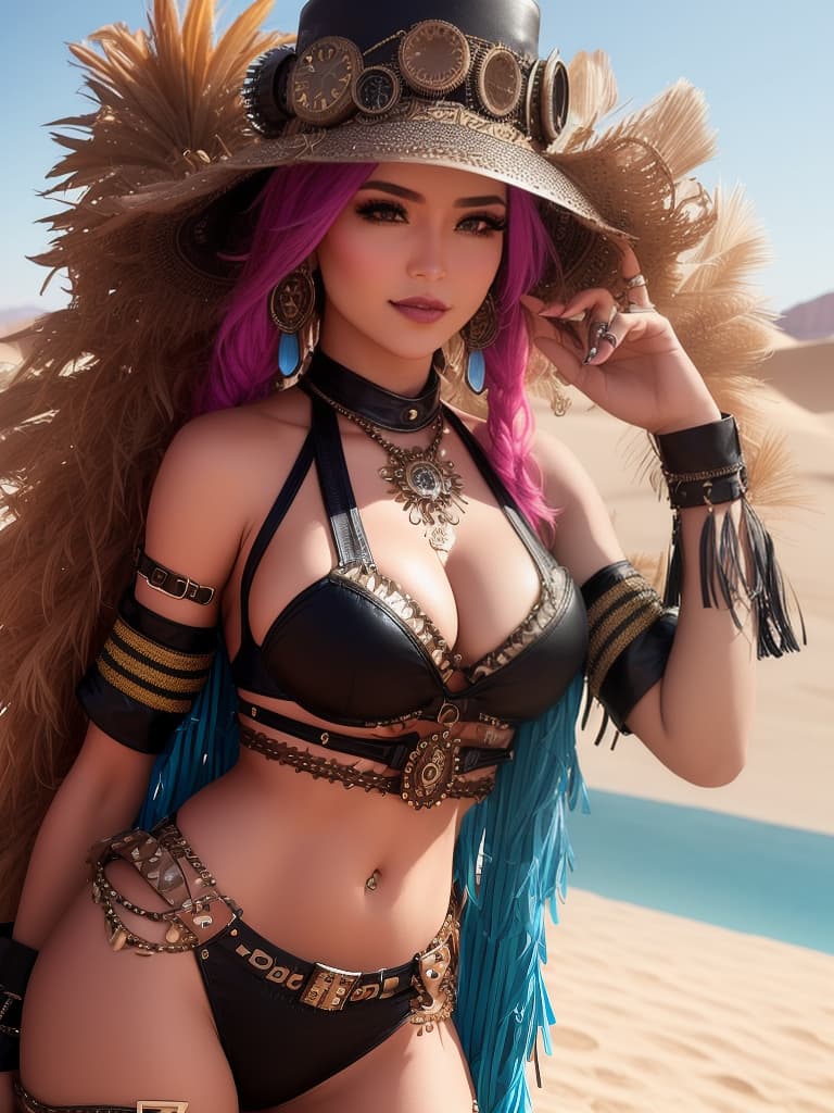  A medium, photo of a female influencer on the desert festival, dressed in a revealing rave outfit, decorated with fringe, bright outfit, steampunk style, daytime, desert background, sharp focus, cinematic, hd