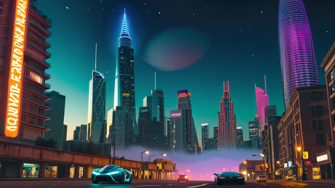  a futuristic cityscape showcasing flying cars, neon lights, and towering skyscrapers under a starry sky, with a mysterious alien spacecraft hovering above, blending advanced technology and cosmic elements in a captivating visual narrative. hyperrealistic, full body, detailed clothing, highly detailed, cinematic lighting, stunningly beautiful, intricate, sharp focus, f/1. 8, 85mm, (centered image composition), (professionally color graded), ((bright soft diffused light)), volumetric fog, trending on instagram, trending on tumblr, HDR 4K, 8K