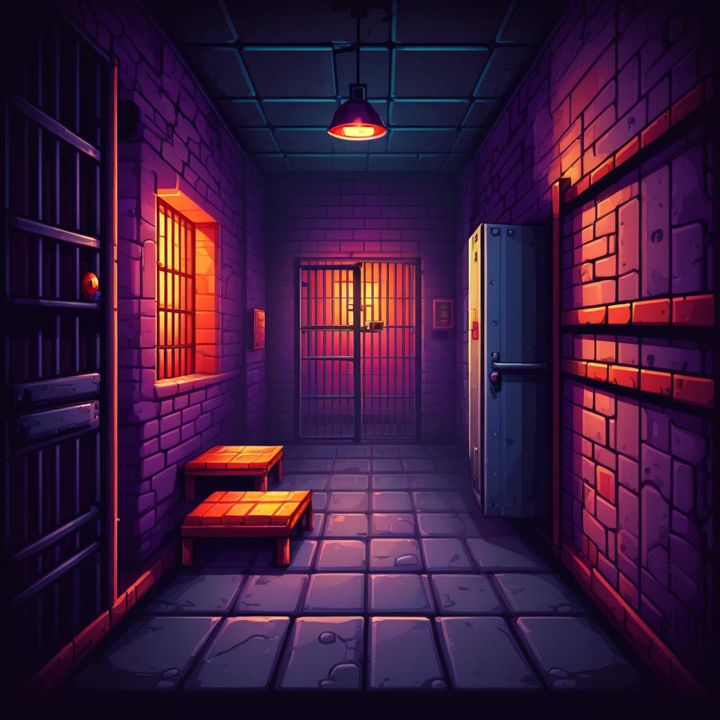  retro game art dark, empty prison cell . 16 bit, vibrant colors, pixelated, nostalgic, charming, fun