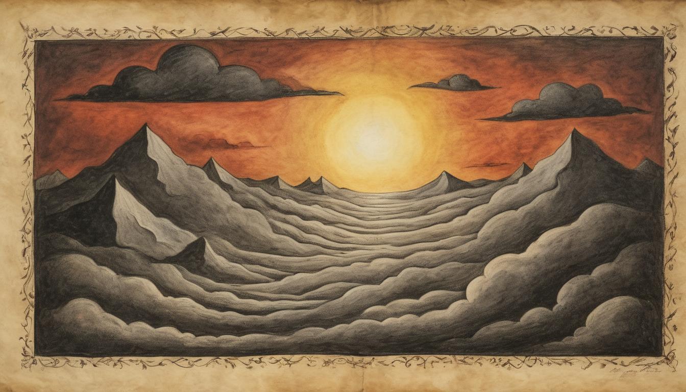  on parchment, surrealism++, sunrise breaking through dark clouds, symbolizing end of darkness, hopeful, transformative(mysterious, provocative, symbolic)++