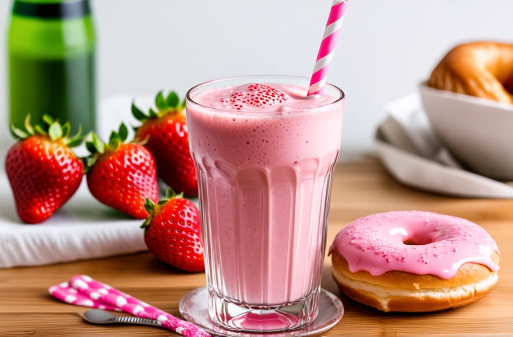  professional detailed photography, strawberry milkshake in a glass with a straw and a donut and pink glaze ar 3:2, (muted colors, dim colors, soothing tones), (vsco:0.3)