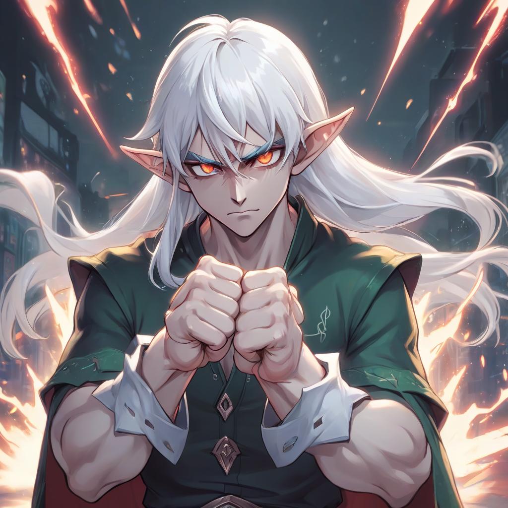  anime artwork white haired elf man clutching his fists . anime style, key visual, vibrant, studio anime, highly detailed