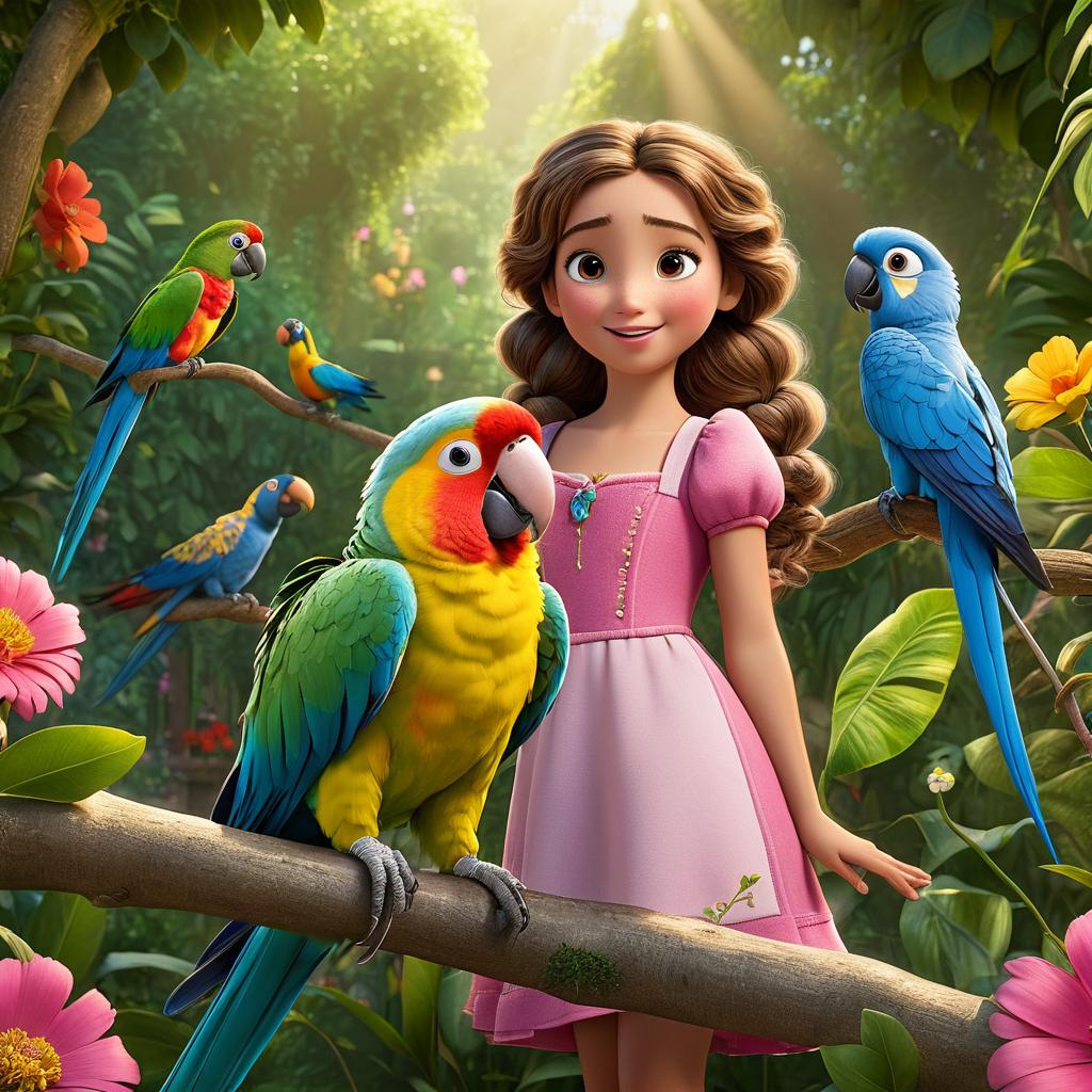  in 3d animated movie style. disney pixar style. paris, a with curly brown hair in pigtails and a pink dress, finds an injured parrot in a lush garden with colorful flowers and tall trees. high resolution pixar 3d animated film style, vint greens for foliage, bright blues and yellows for the parrot, soft warm lighting. low angle shot focuses on paris's concern and curiosity towards the parrot, capturing their forming bond. high quality image with lifelike textures and vivid colors.