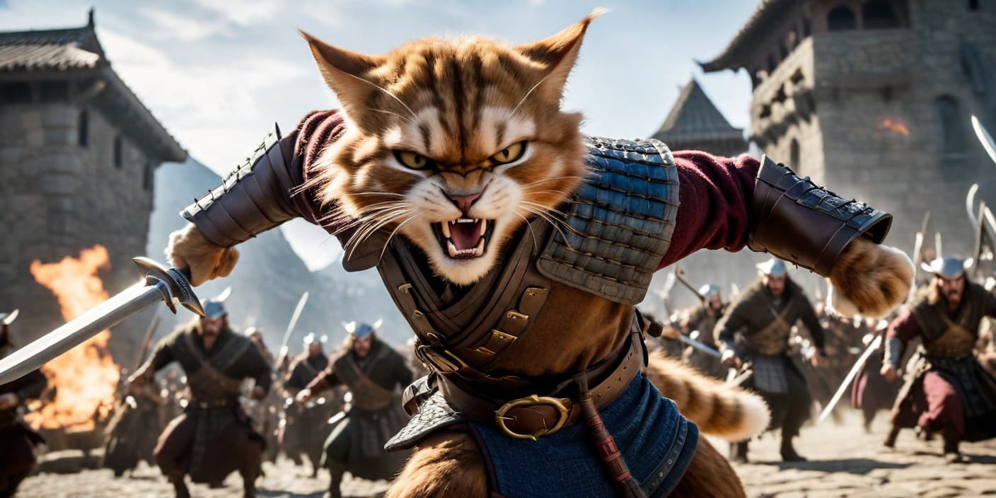  epic cinematic shot of dynamic Highlander Tabaxi fighting off horde of other tabaxi because there can only be one, dark fur, displeased expression in motion. main subject of high budget action movie. raw photo, motion blur. best quality, high resolution