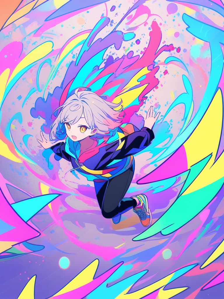  dynamic anime style, young, double pan, purple, coloring, future expression, colorful costume, colorful clothing, blue, yellow, neon color, overview, background, chaotic sprinkle water, geometric shape, dynamic pose, sneakers 