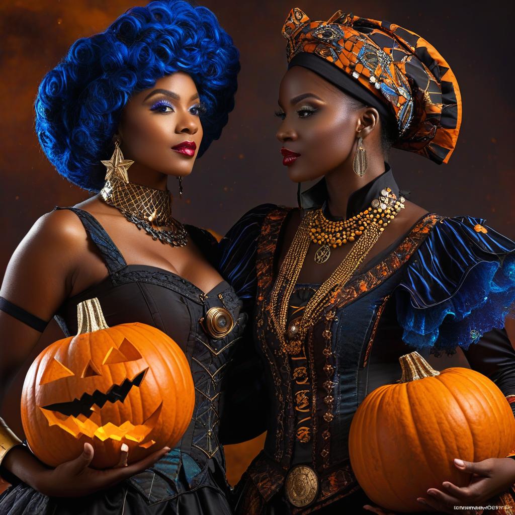  african costumes, halloween costumes, pumpkins, zeal dances, spirit atmosphere, steam punks, cosmetics design, conceptual art, almost real photography, side by side photography, ultra focused photography, low light photography, dream world, dream colours, star like rendering, details。, award winning, professional, highly detailed, masterpiece