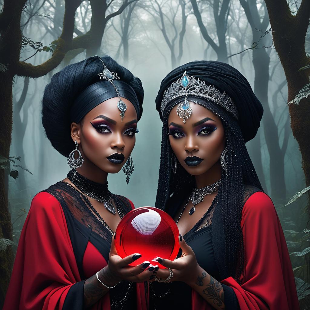  two enigmatic light african american figures cloaked in alluring red and black colors with piercing gazes and large dark eyes, intricate tattoos telling untold stories, holding a crystal ball, emerging from the mist in a gothic, ethereal forest where shadows dance and secrets linger. the figures have brightly colored hair, dramatic makeup with tears, and are adorned with crowns and jewelry.