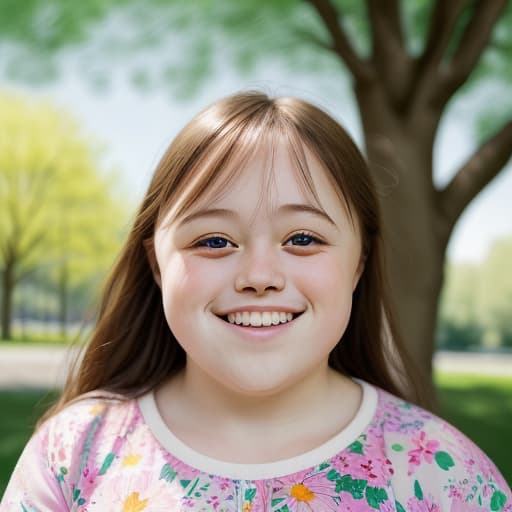  A portrait of a person with Down syndrome, smiling warmly, relaxed pose, straight on view. Background of a sunny park with vibrant flowers and trees. Soft, natural lighting enhancing the gentle expression. Created Using: Nikon DSLR, Impressionism, soft brush strokes, diffused lighting, natural colors, hd quality, natural look