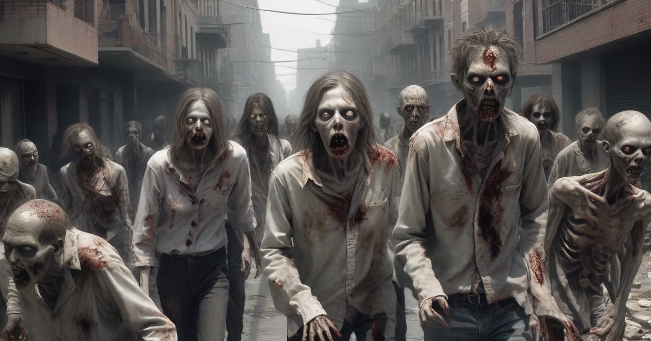  object: a group of zombies wandering down the street, with city ruins in the background. zombies should look threatening and frightened, with clear signs of decomposition and blood on their faces and clothes. description of zombie appearance: eyes blank and white the skin is gray and rotten wounds and blood on faces and clothes shaggy hair and torn clothes additional elements: small flames or smoke in the distance to add feelings of chaos and destruction venue: nature effect: the cover should convey the sense of fear and tension that arises when zombies wander down the street. zombies should look like a threat and the street like a dangerous place. style: the cover should be made in the style of post apocalyptic horror, with an emphas