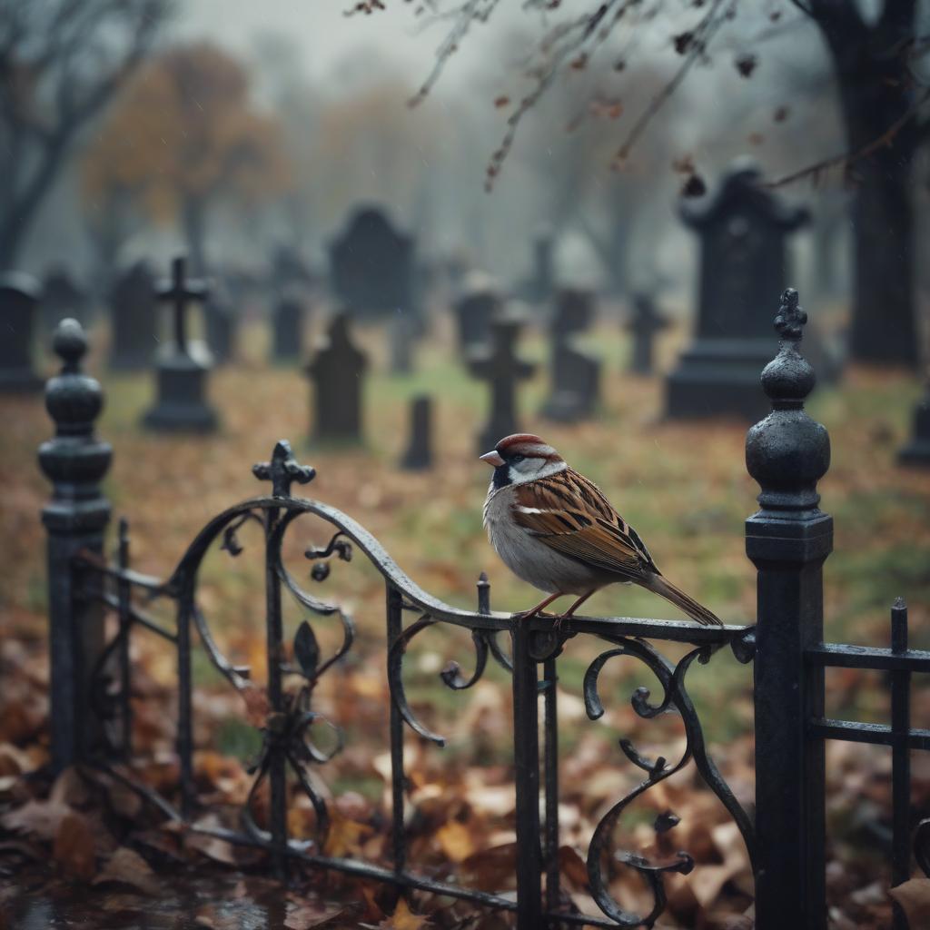  cinematic film still an abandoned old cemetery. late fall. rare rain. a sad sparrow sits on the gate. . shallow depth of field, vignette, highly detailed, high budget, bokeh, cinemascope, moody, epic, gorgeous, film grain, grainy