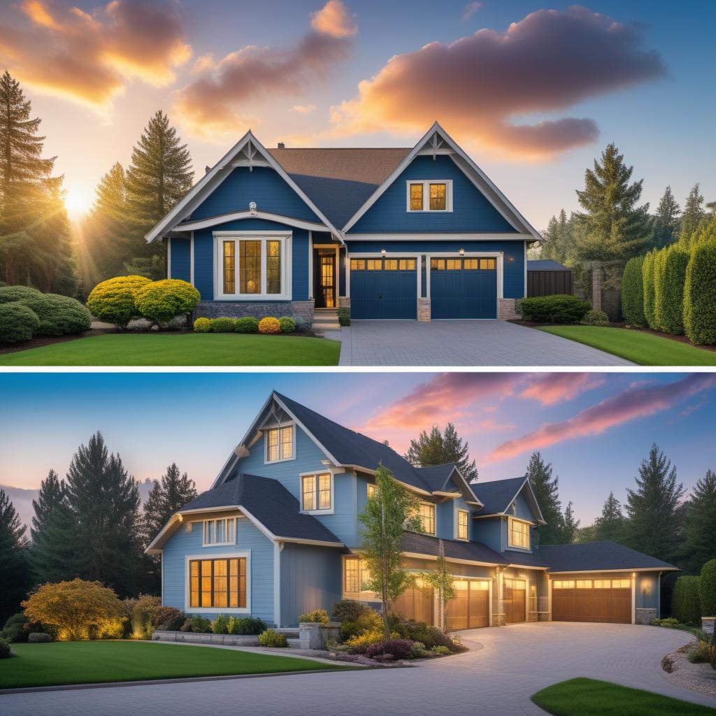  A Facebook post image for 'King of the Tools' showcasing a 'Before and After' home maintenance transformation. The design should include side-by-side images of a home before and after receiving the services. The layout should be clean and professional with a deep blue and gold color scheme. At the top, include the text '✨ Transformation Tuesday ✨' and at the bottom, add 'From dull to dazzling, trust King of the Tools.' Include the business logo and contact information. A small badge or watermark of the business logo should be subtly placed on the images. hyperrealistic, full body, detailed clothing, highly detailed, cinematic lighting, stunningly beautiful, intricate, sharp focus, f/1. 8, 85mm, (centered image composition), (professionally color graded), ((bright soft diffused light)), volumetric fog, trending on instagram, trending on tumblr, HDR 4K, 8K