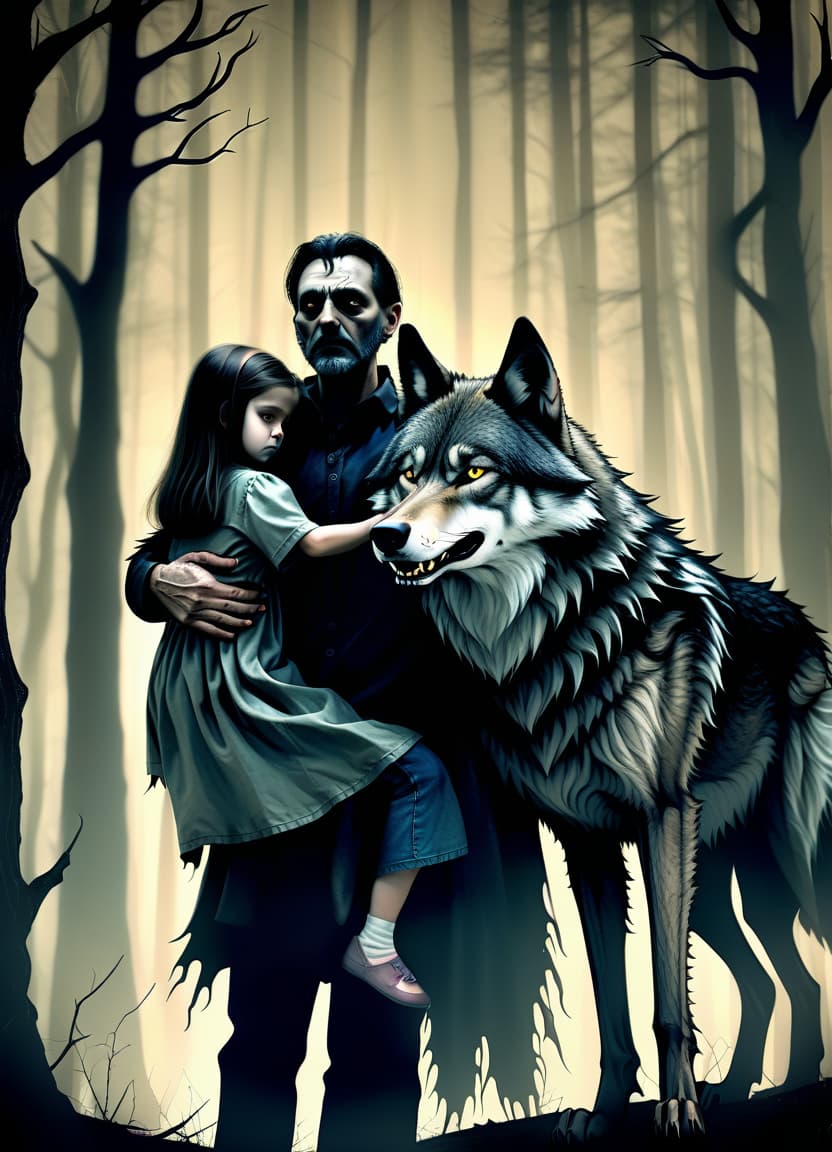  horror themed make him a witch, he hugs his daughter, he's got a familial wolf, behind him is a forest. . eerie, unsettling, dark, spooky, suspenseful, grim, highly detailed