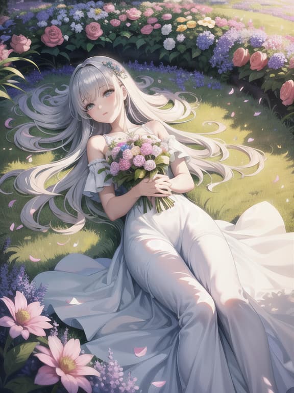  master piece, best quality, ultra detailed, highres, 4k.8k, a young , lying down among the flowers, serene, break the beauty of a young surrounded by a shower of petals., flowery meadow, flower bouquet, white dress, break peaceful and dreamy, soft pastel tones, glowing light, cyberpunkai