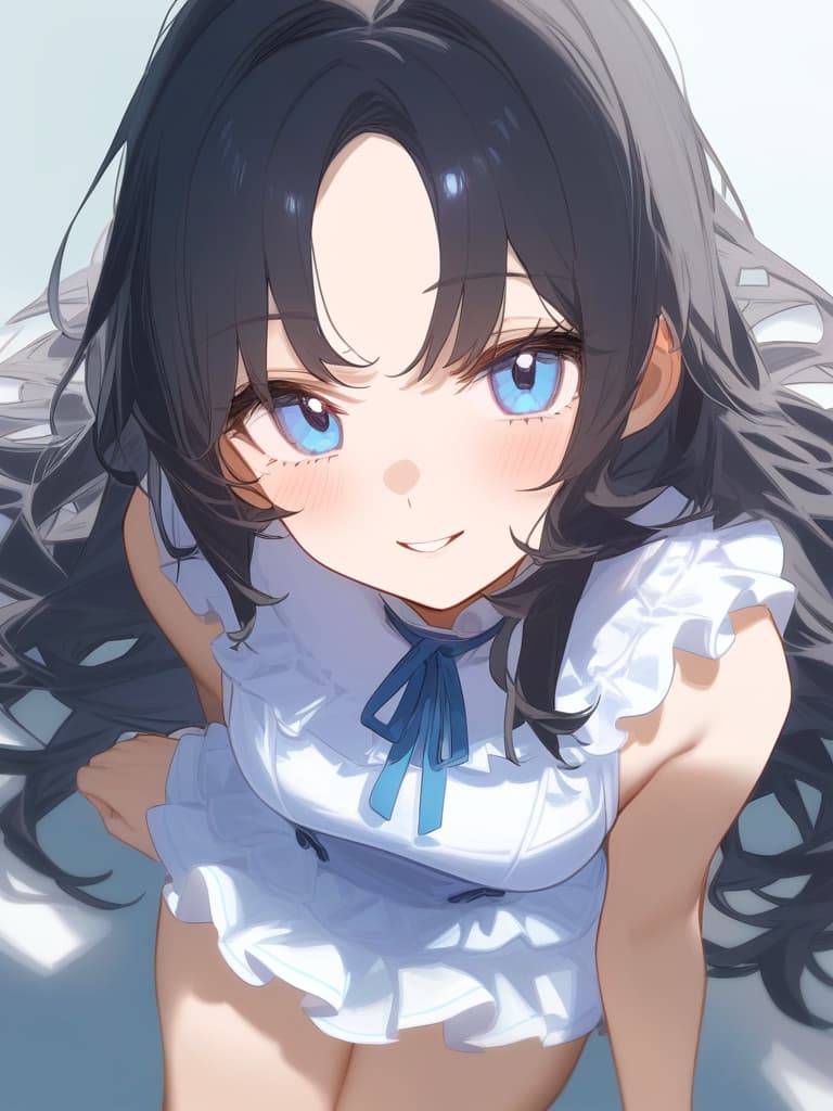  cute face focus,cute,black hair,light blue eyes,cute posing,frill onepiece,long hair,adult