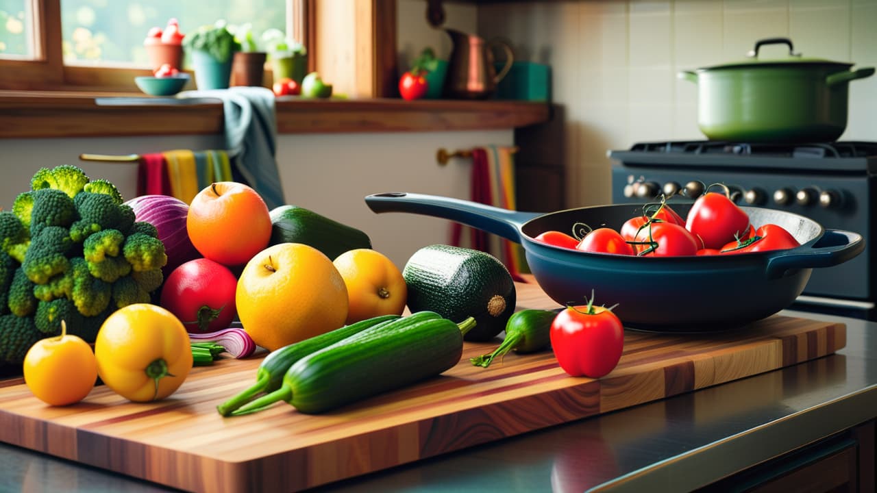  a vibrant kitchen scene featuring fresh fruits and vegetables, a cutting board with colorful chopped ingredients, a cookbook opened to a vegan recipe, and a wooden spoon resting beside a simmering pot on the stove. hyperrealistic, full body, detailed clothing, highly detailed, cinematic lighting, stunningly beautiful, intricate, sharp focus, f/1. 8, 85mm, (centered image composition), (professionally color graded), ((bright soft diffused light)), volumetric fog, trending on instagram, trending on tumblr, HDR 4K, 8K