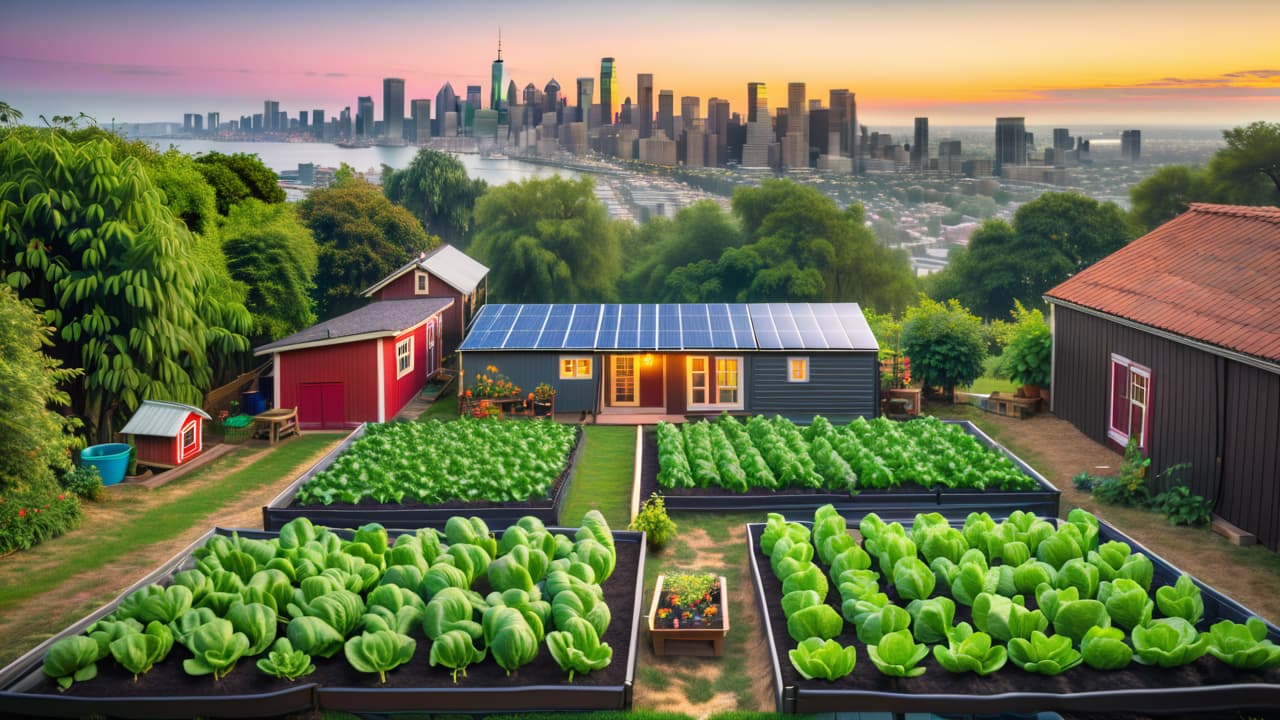  a vibrant urban homestead on one acre, featuring a vegetable garden, chickens in a coop, rainwater barrels, solar panels, and a small fruit orchard, all set against a backdrop of a city skyline. hyperrealistic, full body, detailed clothing, highly detailed, cinematic lighting, stunningly beautiful, intricate, sharp focus, f/1. 8, 85mm, (centered image composition), (professionally color graded), ((bright soft diffused light)), volumetric fog, trending on instagram, trending on tumblr, HDR 4K, 8K