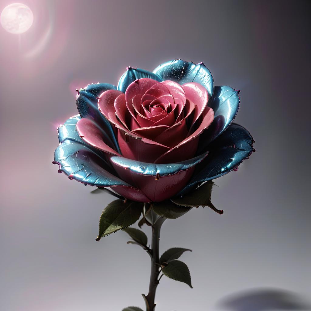  create an abstract 3d model of a rose bud without a stem. use silver with mercury as the main material. petals should have many bright highlights of blue and pink neon color. around the bud in the air should fly bright bubbles of mercury fuzzy shape. the background must be black. near the rose should be an abstract mercury cloud ring, creating a levitation effect. style 3d character, civitai, hkmagic