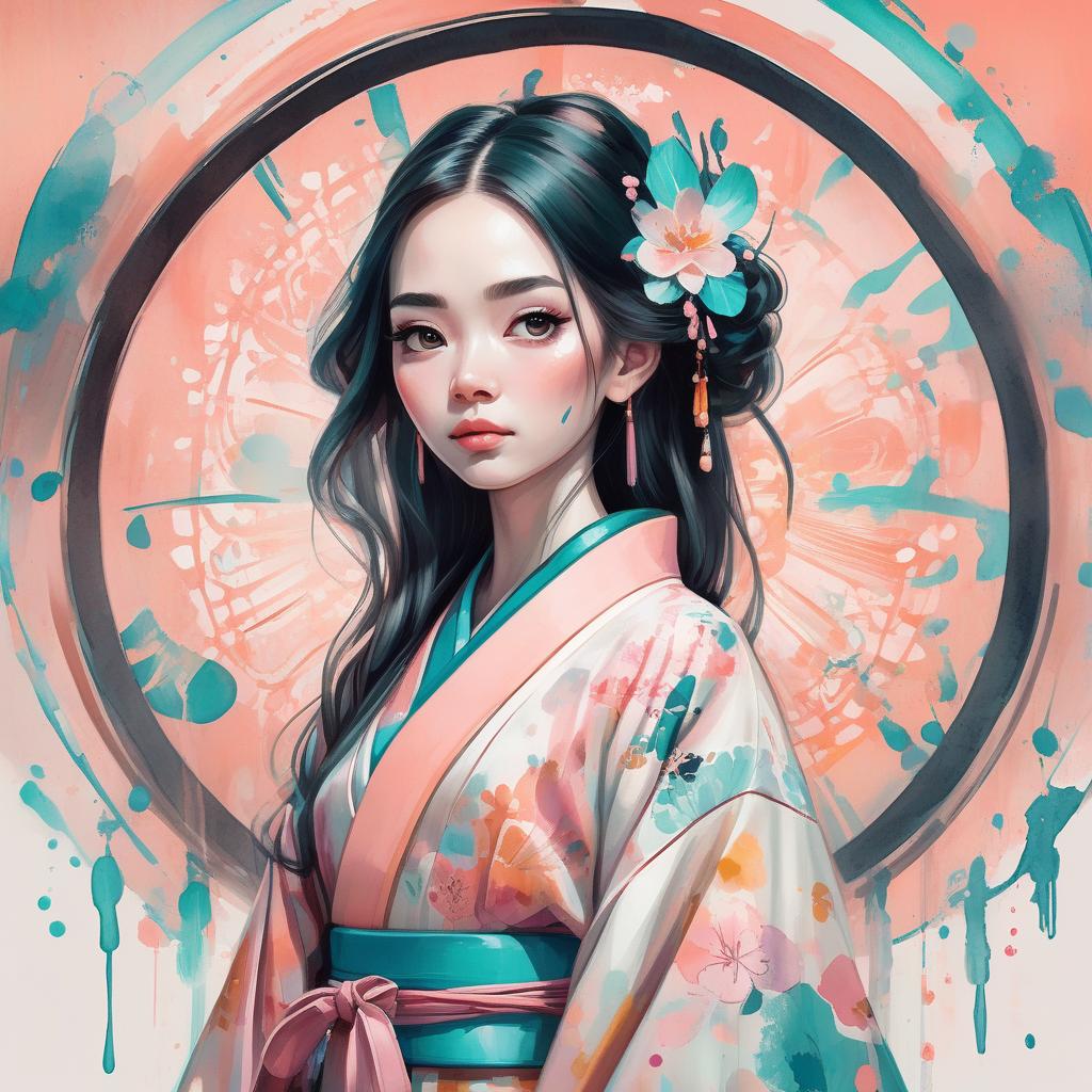  an asian woman wearing an intricate kimono, digital watercolor painting, paint splatter, long hair, bold brush strokes, pale skin, bright colors on white background, pink peach orange teal black color palette, symmetrical, bold eyeshadow, adorable, cute, pixar style painting, art nouveau