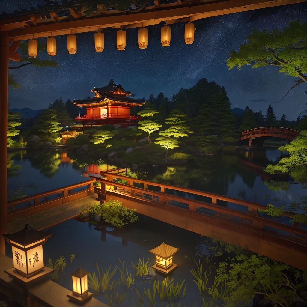  masterpiece, best quality, (Fidelity: 1.4), Best Quality, Masterpiece, Ultra High Resolution, 8k resolution, A night view inspired by Japanese art, featuring a garden illuminated by paper lanterns and a wooden bridge spanning a tranquil lake, by the lakeside, there is a small Zen temple. The water reflects the starry sky.