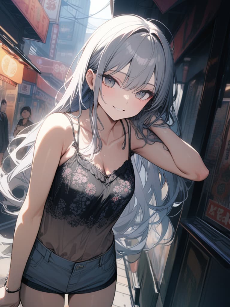  gal, gray hair, gray pupil, hand forward, reverse piece, short bread, rose tattoo on the stomach, super long long hair, hair is waved, hair is smiling, tokyo, chinatown, camisole, masterpiece, best quality,8k,ultra detailed,high resolution,an extremely delicate and beautiful,hyper detail