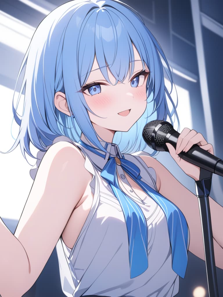  light blue hair, light blue, bob hair, with a microphone, yay, live, masterpiece, best quality,8k,ultra detailed,high resolution,an extremely delicate and beautiful,hyper detail