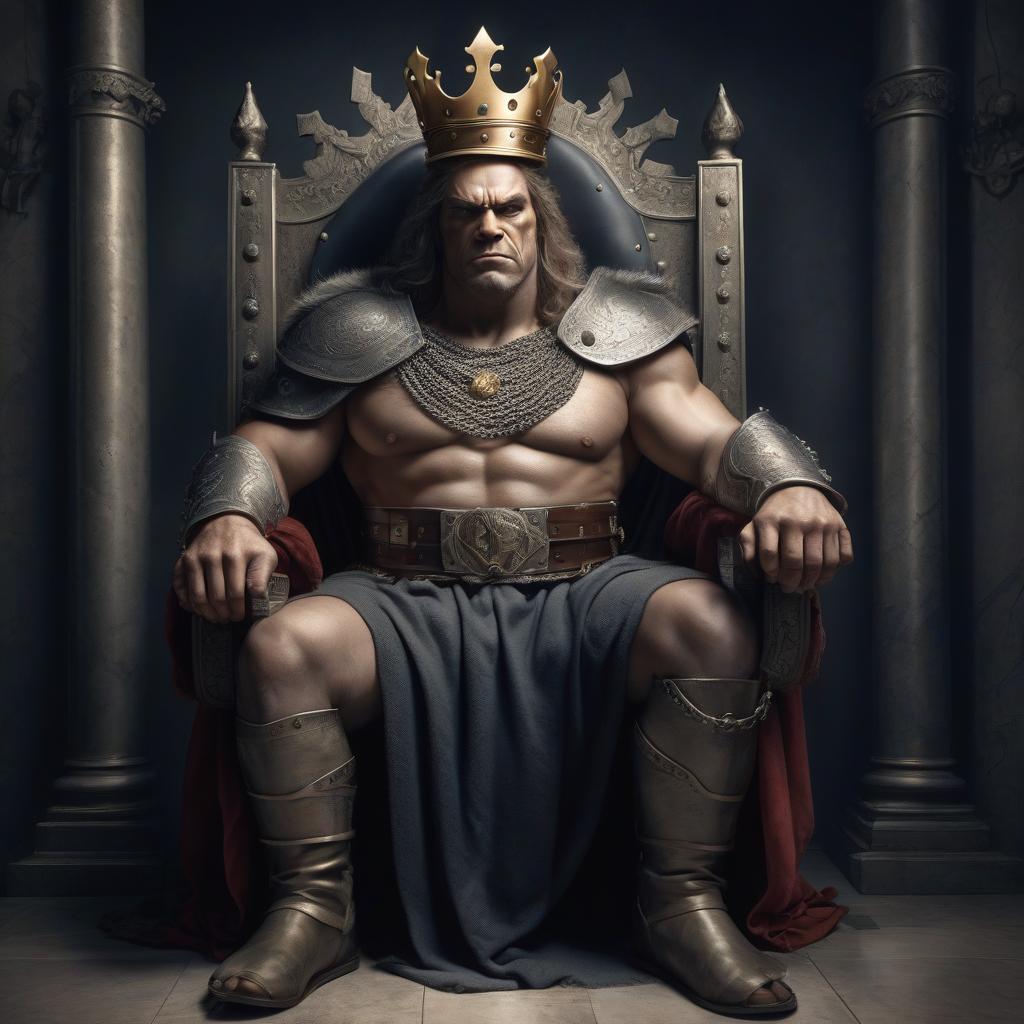  photorealistic picture. the king man with a crown on his head sits on the throne with a large belt in his hand. before the king, the guard holds an orc chained.