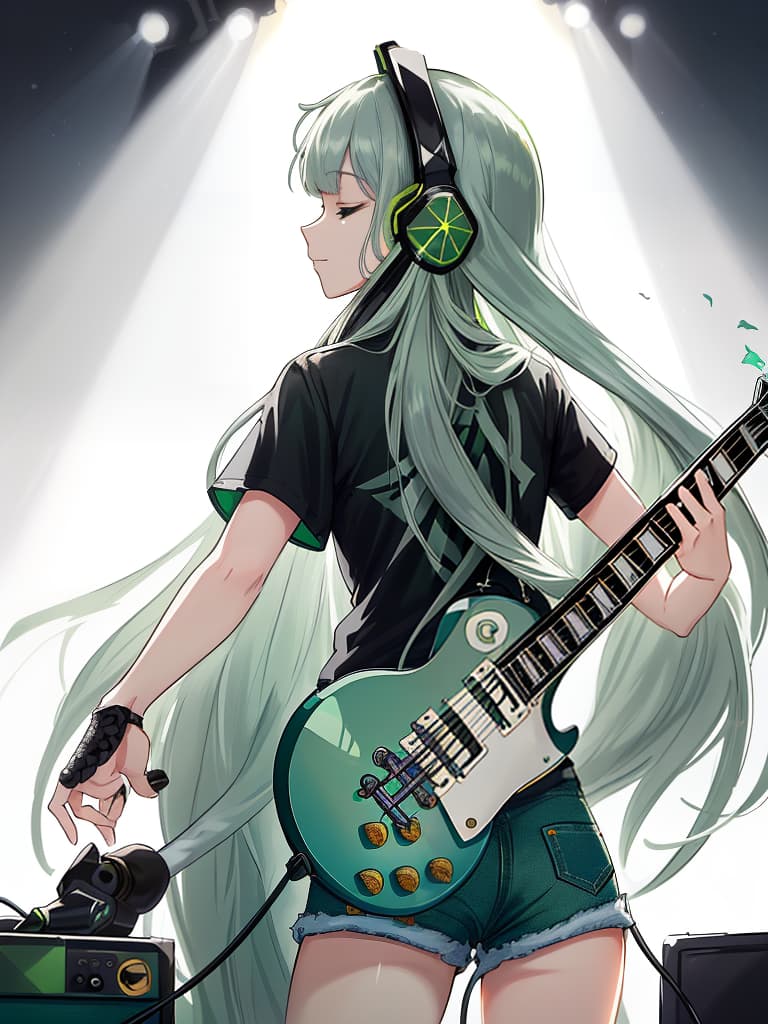  (white background:1.3),(extremely detailed fine touch:1.3),(hard light,studio light,light rays,dappled light,reflection,shadows,ray tracing:1.0),///,,(((green very long hair:1.3))),headphone,forehead,having a bird's eye view,anime style,super fine ilration,highly detailed,dynamic angle,beautiful detailed,8k,on stage break a woman,(((headphone:1.3))),on both ,strumming an electric guitar. she arches her back,closes her eyes and looks joyful. break a spotlight shines on her,(t shirt:1.3),(denim shorts:1.3),(black les paul custom:1.3)