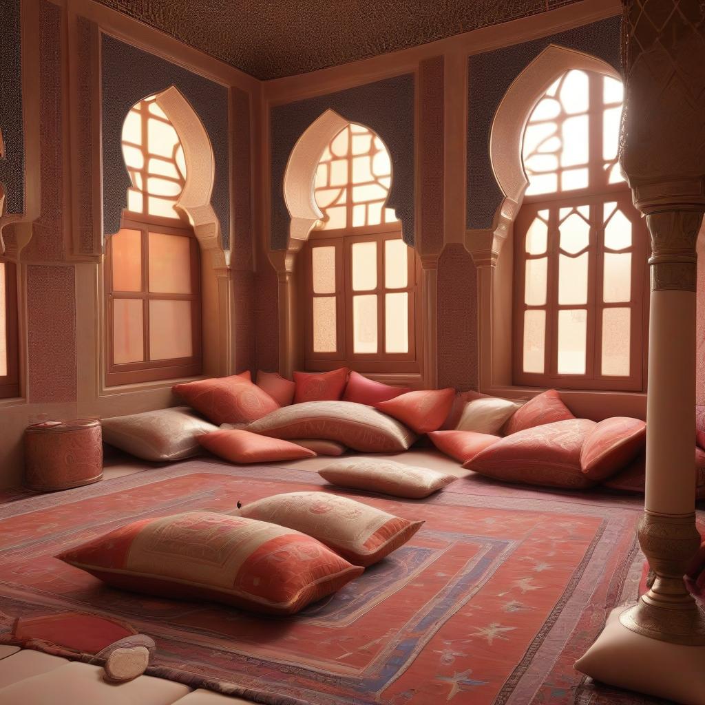  arab room, without a bed, pillows on the floor, windows, fabulousness