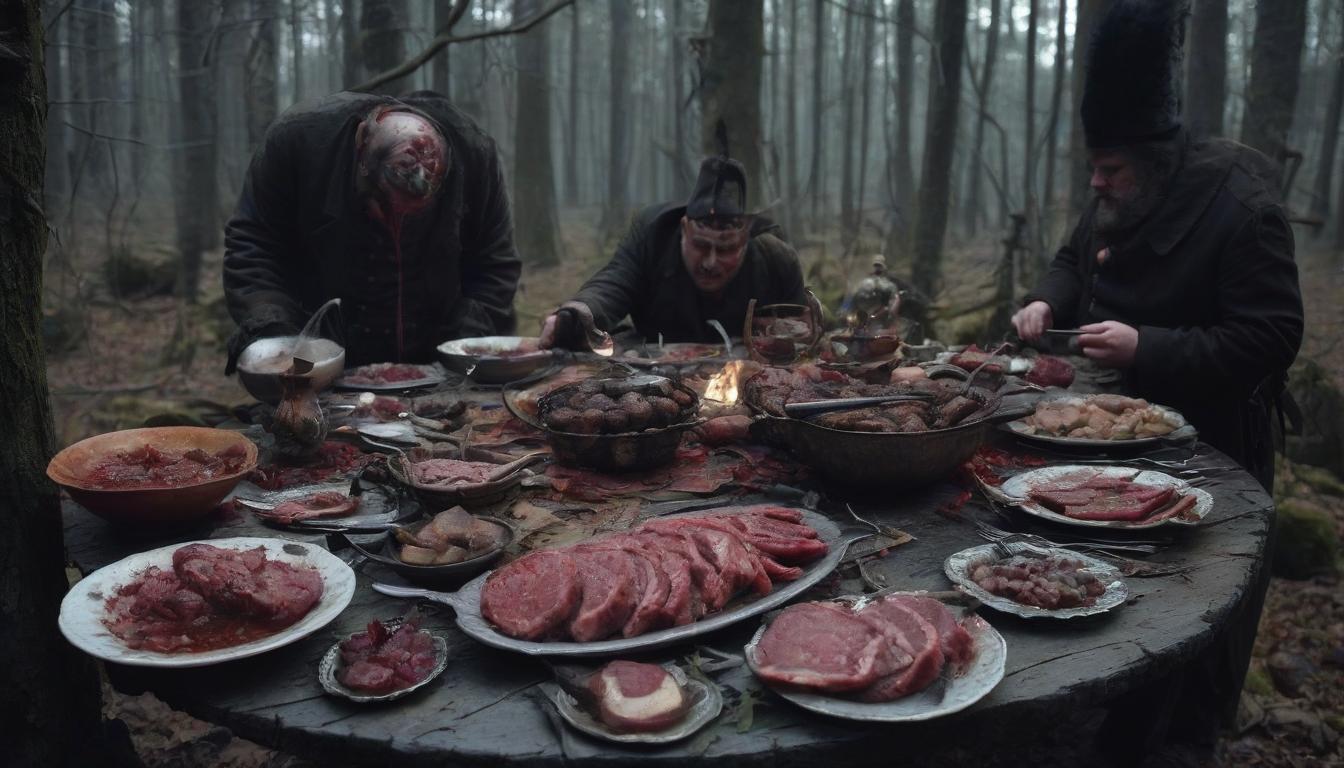  macabre style a feast of prisoners in the forest near the house of the huntsman, the huntsman himself and other people who are not prisoners is not in the picture. on the table should be meat, there may be cutlets, tartar, and in the center of the table should be baked organs such as the heart and stomach. . dark, gothic, grim, haunting, highly detailed