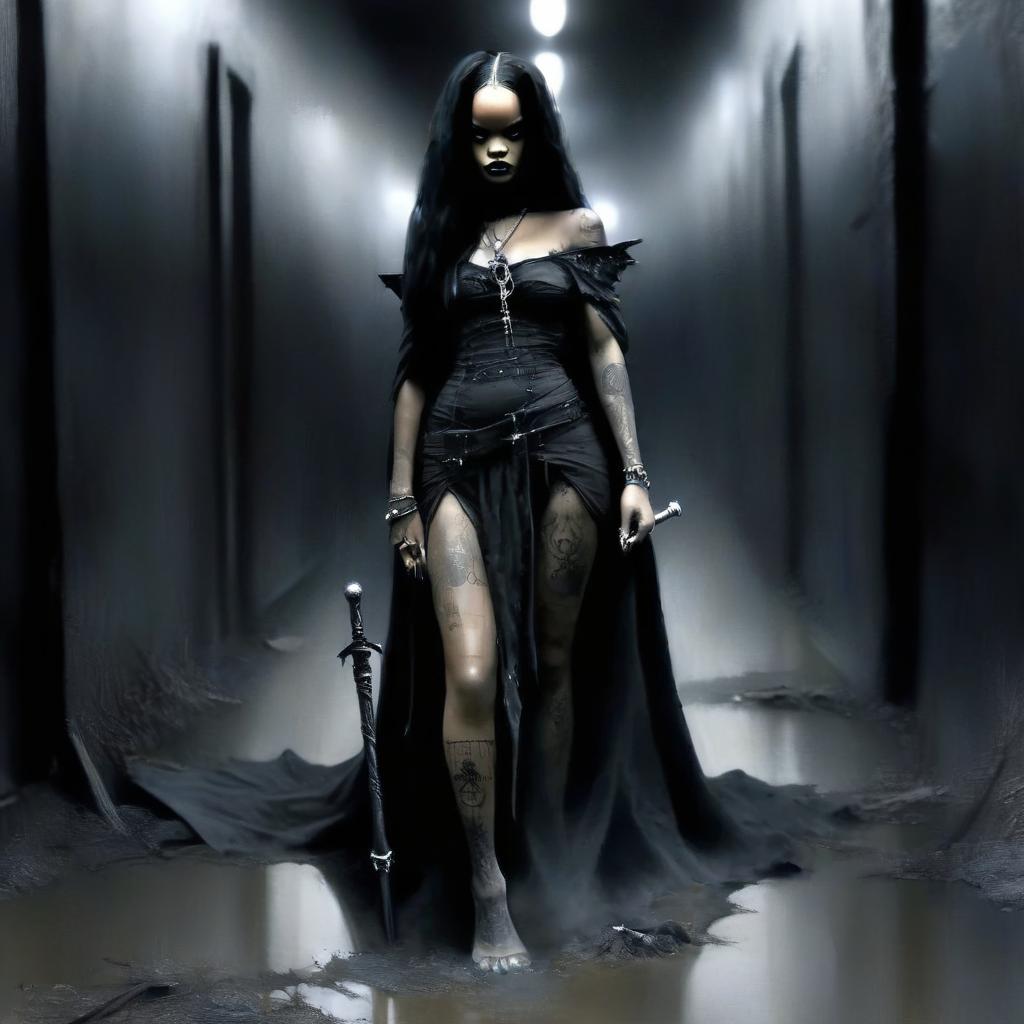  macabre style convert to a drawing of rihanna the wizard with a black staff, which she holds in her right hand against the background of a dark corridor. . dark, gothic, grim, haunting, highly detailed, perfecteyes, perfect hands