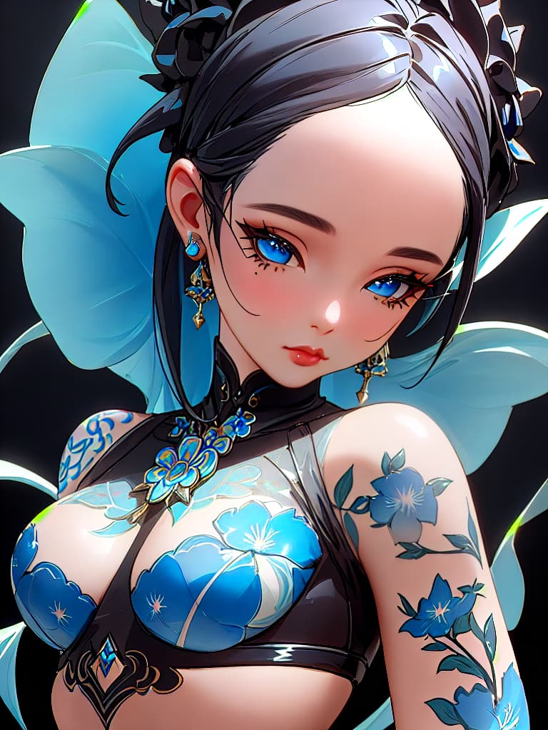  Close-up porcelain female figurine, looking to the camera, glossy surface, glaze, shiny, blue floral tattoos on her, dark gradient background, baroque dark style, hyperrealistic, CG society, intricate details