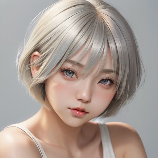  cute japanese girl face, cute short hair, light blonde and silver bob cut hairstyle, black sleeveless top, delicate makeup, cool style, natural lighting, photo realistic in the style of realistic.