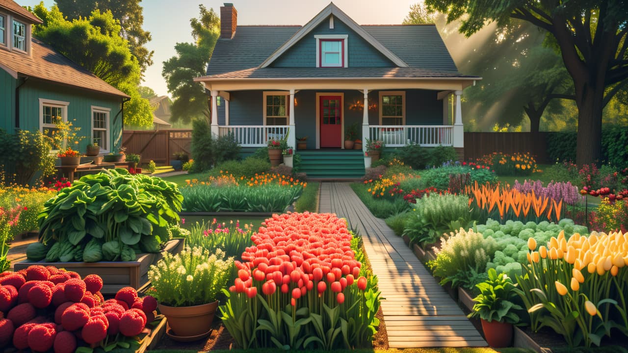  a serene urban garden with a cozy, sunlit home surrounded by blooming flowers and vegetable patches, showcasing a diverse community of people enjoying outdoor activities, symbolizing the benefits of a texas homestead exemption. hyperrealistic, full body, detailed clothing, highly detailed, cinematic lighting, stunningly beautiful, intricate, sharp focus, f/1. 8, 85mm, (centered image composition), (professionally color graded), ((bright soft diffused light)), volumetric fog, trending on instagram, trending on tumblr, HDR 4K, 8K