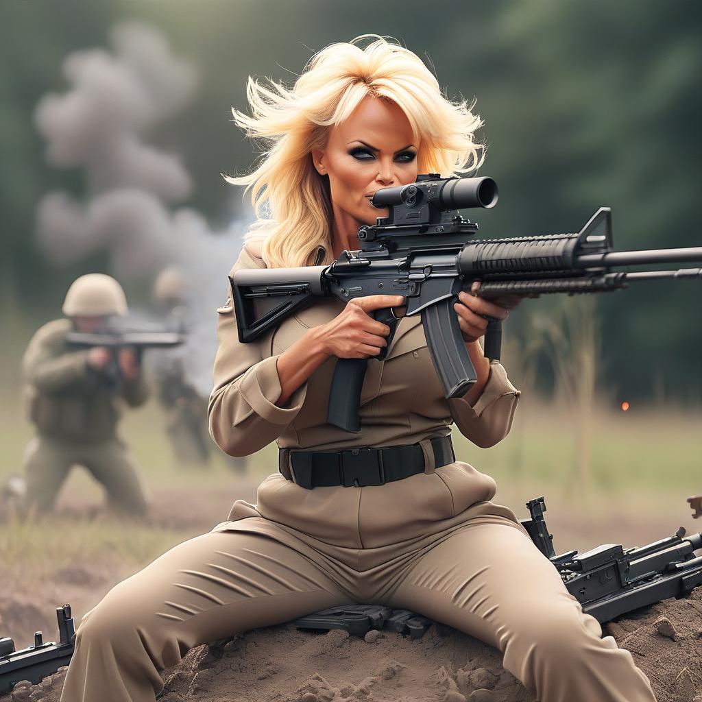  cinematic photo pamela anderson fires a machine gun during the war in ukraine . 35mm photograph, film, bokeh, professional, 4k, highly detailed