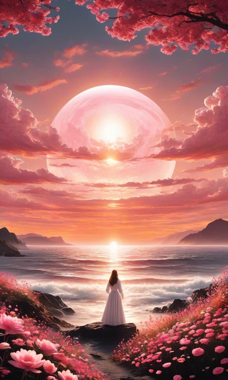  concept art color pink, white, black, gold the sun is huge, the sunset, the sea of flowers, a very large sun with rays . digital artwork, illustrative, painterly, matte painting, highly detailed, perfect hands