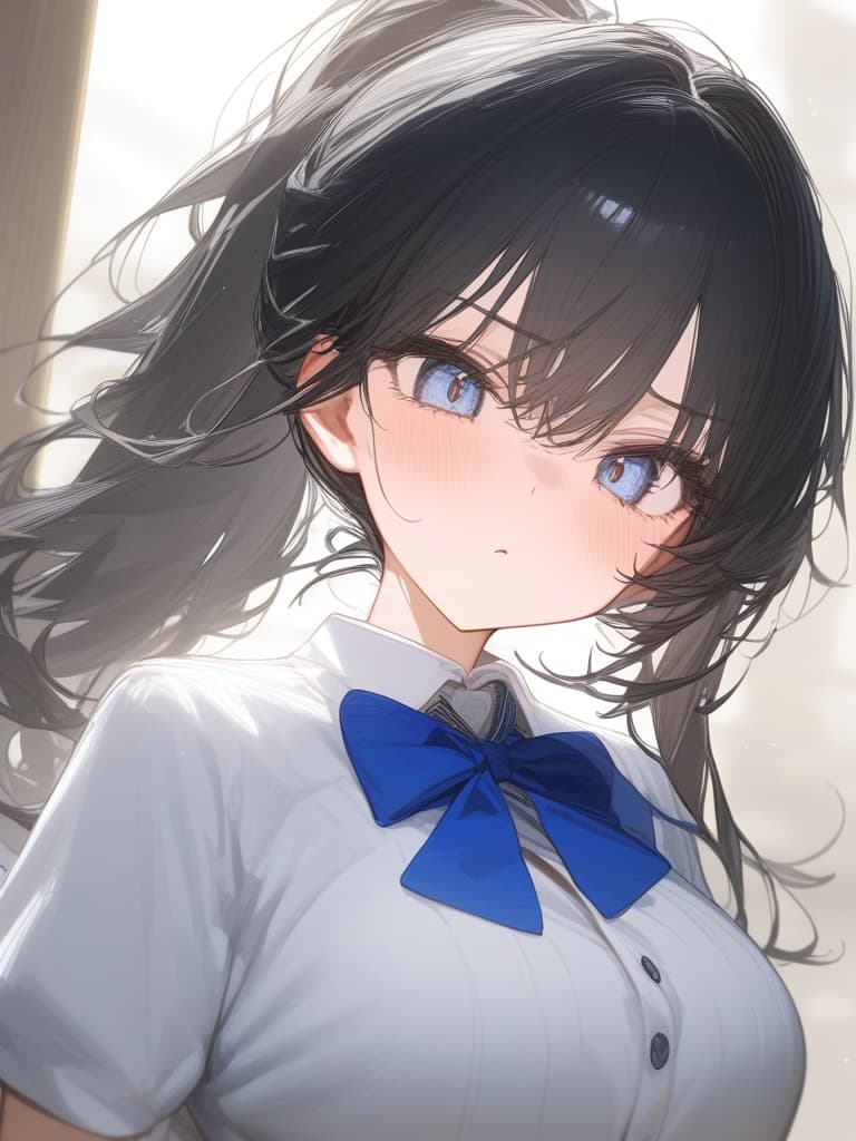  staring at here, girls, jit eyes, cat eyes, girls, gags, white shirts, blue ribbon uniforms, sweater cardigan, black hair, ponytail, pierced rings, silver rings, moe sleeves, masterpiece, best quality,8k,ultra detailed,high resolution,an extremely delicate and beautiful,hyper detail