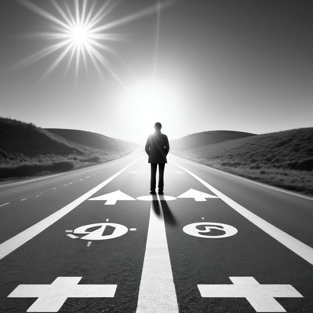  a black and white image of a person standing before a road split. the sun is represented by a clock. each side of the road split has a road sign that points to opportunity., high quality, high details, hd, perfect composition, 4k epic detailed, highly detailed, sharp focus, high resolution