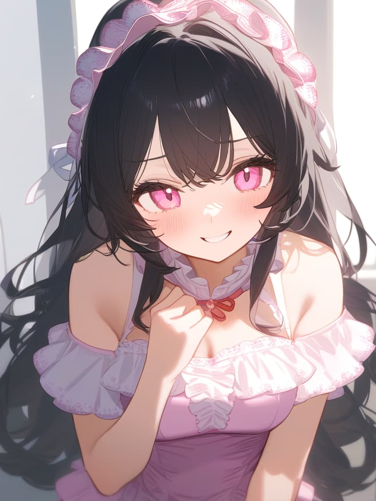  cute face focus,cute,black hair,light pink eyes,cute posing,frill onepiece,long hair,adult,shy,smile,head dress