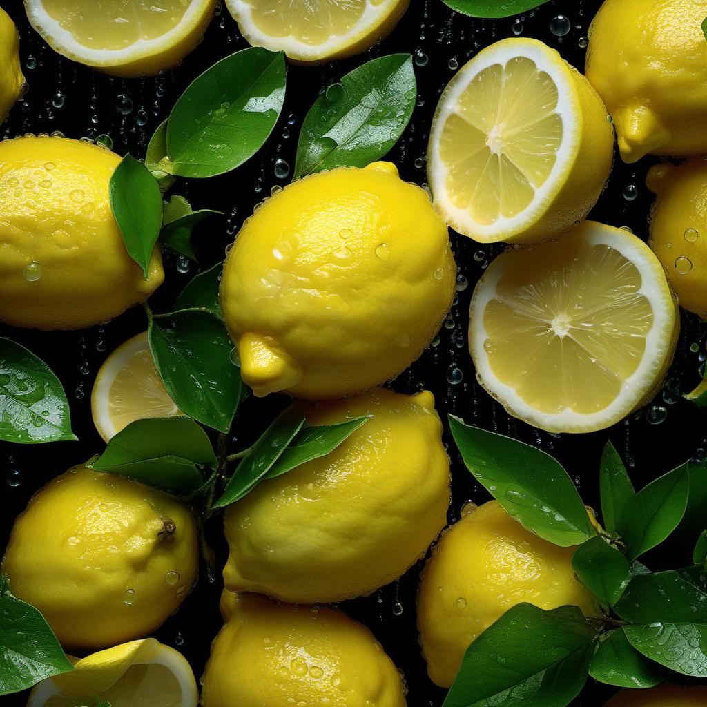  hyperrealistic art juicy yellow lemons on a branch, lemon slices with dew drops and green leaves, many, on a black background, hyperrealistic, professional photo, realistic, 64k, high resolution, bright and juicy, bright lighting, aesthetic, beautiful . extremely high resolution details, photographic, realism pushed to extreme, fine texture, incredibly lifelike