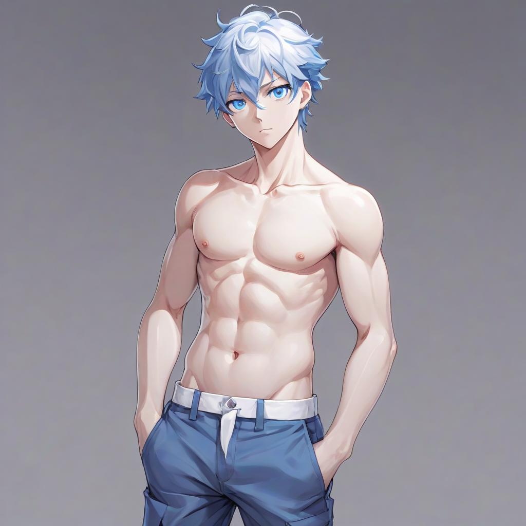  anime artwork gojo satoru of white and blue eyes with a bare torso in one of his pants poses, turning his head not much to the side . anime style, key visual, vibrant, studio anime, highly detailed