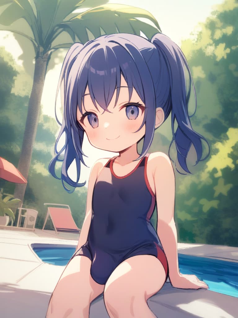  women's elementary students (male), twin tails, cute smiles, (rich s), low stature, dark blue swimwear, old swimwear, , simple (upward), male , (bulge), shaped clear , front , whole body, pool side,