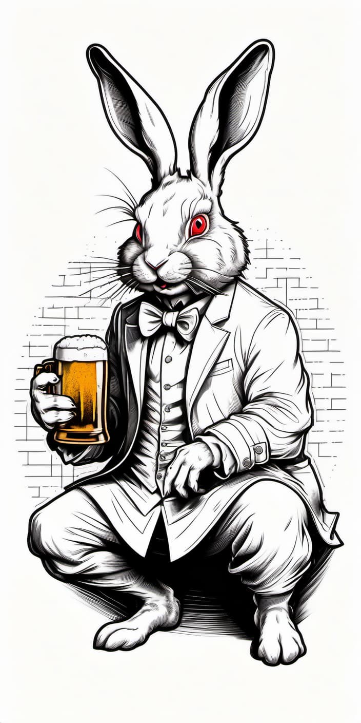  line art drawing black and white sketch in a round frame on a white background, horror white rabbit with a large mug of beer in his right hand, engraving, horror . professional, sleek, modern, minimalist, graphic, line art, vector graphics