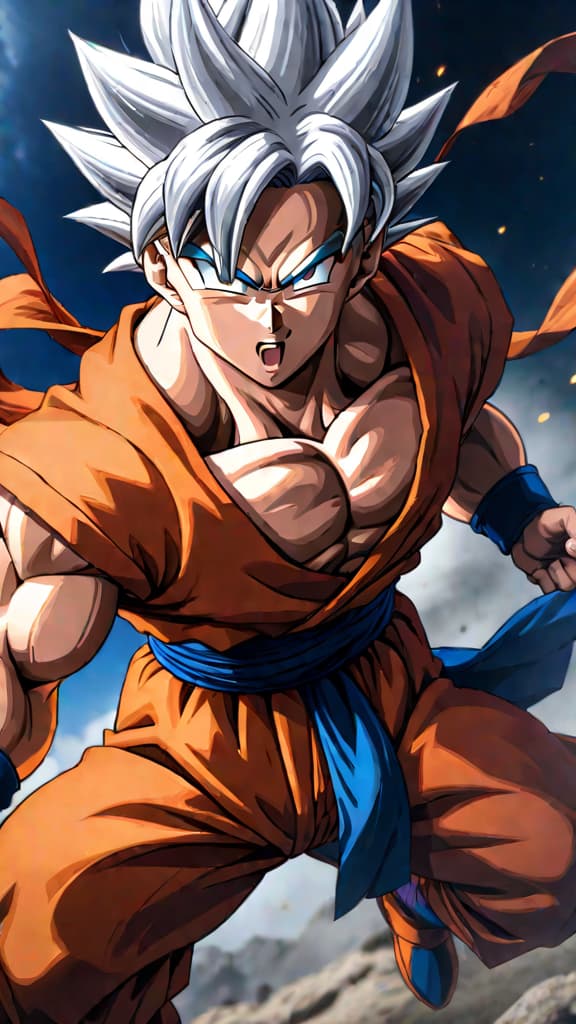  anime art goku in ultra instinct form during tournament of power, dragon ball super, silver hair, intense battle hyperrealistic, full body, detailed clothing, highly detailed, cinematic lighting, stunningly beautiful, intricate, sharp focus, f/1. 8, 85mm, (centered image composition), (professionally color graded), ((bright soft diffused light)), volumetric fog, trending on instagram, trending on tumblr, HDR 4K, 8K