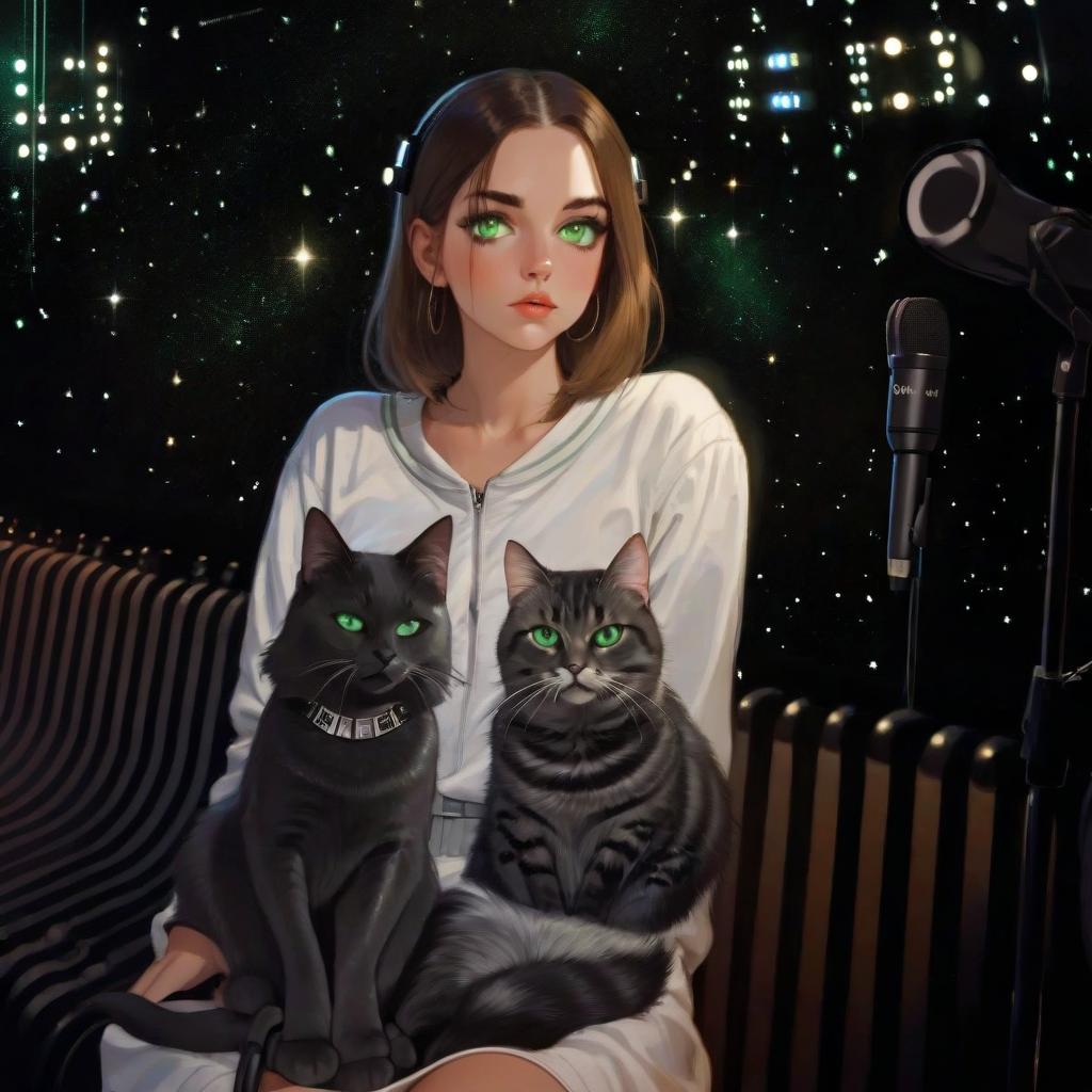  girl with dark green eyes, two cats, space, spotlights, view from the stage, microphone, music, royal grace