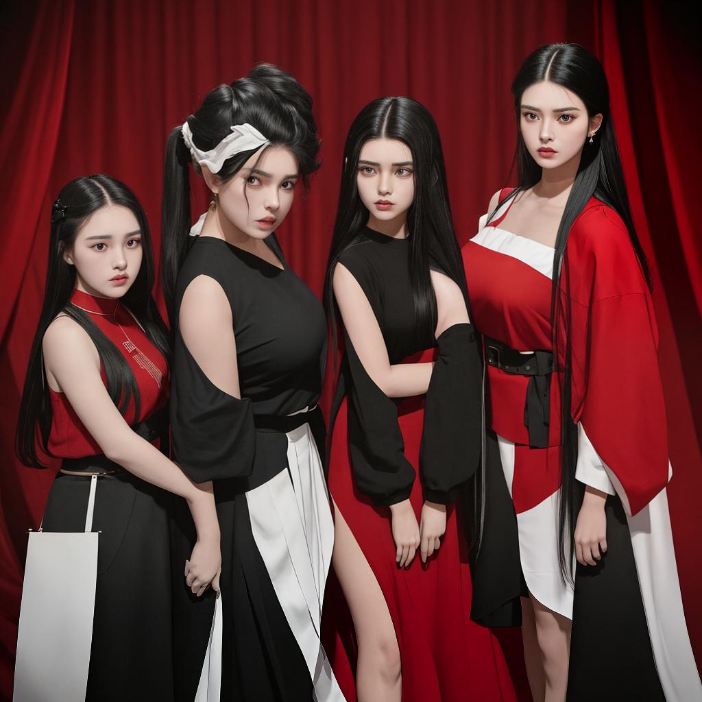  masterpiece, best quality, three beautiful women, one , one , one with black hair, all with their hair pulled back, all with large s, all , standing on a stage with red curtains in the background, all looking very angry, the is tall with shoulder length hair, the is a chubby, and the is short and slightly cubby