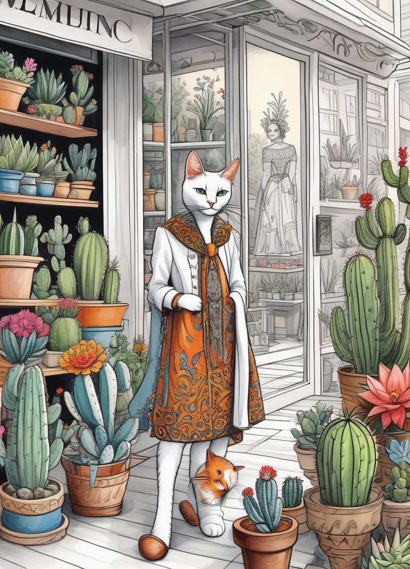  surrealist art image in (colouring style: 1,3), sticker, sticker. created with black lines on white background:: zentangle patterns, doodle. background: (cosy flower shop. shop windows. seller's counter. flowering cacti of different kinds). beautiful fluffy cat in the national dress of indians of north america sells flowers cactus. drawing with thin black marker on white background. elements of colour. good detail, good drawing, cartoon style, clear outlines, appealing. stylistics: mysticism, fairy tale, sci fi. in the manner of surrealist artists: vladimir pronkin, chris rignac, greg craola simkins. . dreamlike, mysterious, provocative, symbolic, intricate, detailed