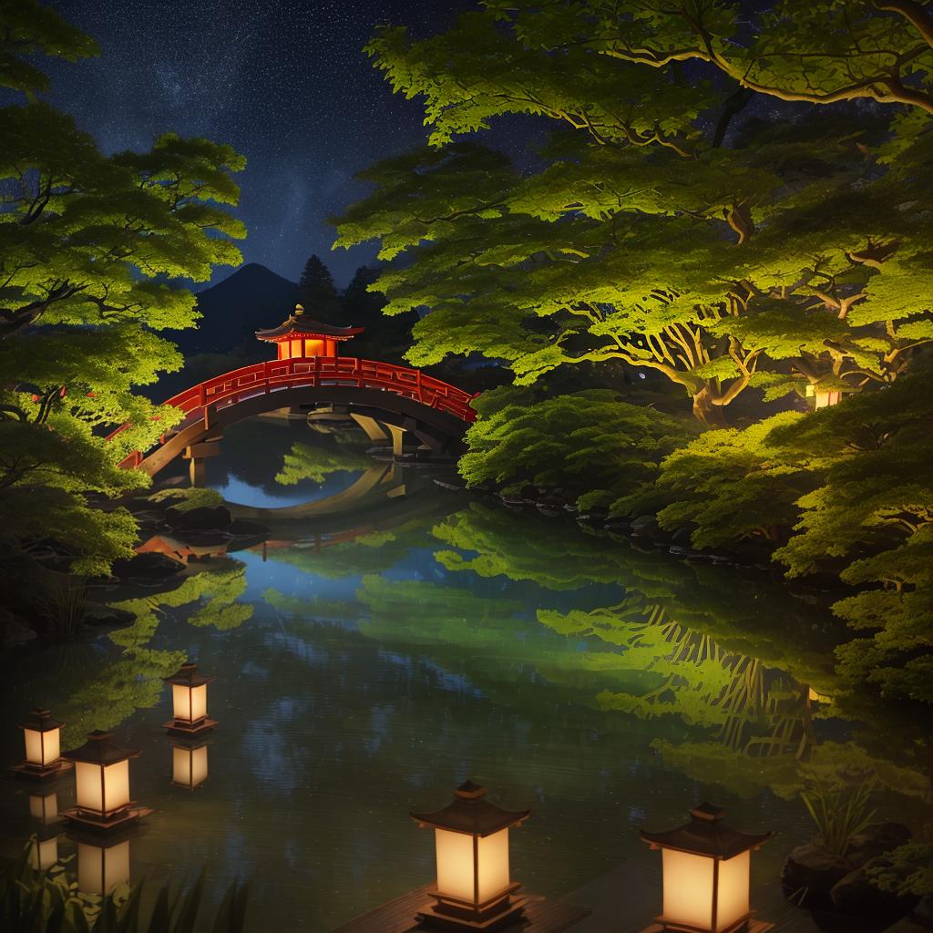  masterpiece, best quality,(fidelity: 1.4), best quality, masterpiece, ultra-high resolution, 8k resolution, night scene inspired by Japanese art, garden illuminated by paper lanterns and wooden bridge spanning a tranquil lake, there is a small Zen temple by the lake. The water reflects the stars.