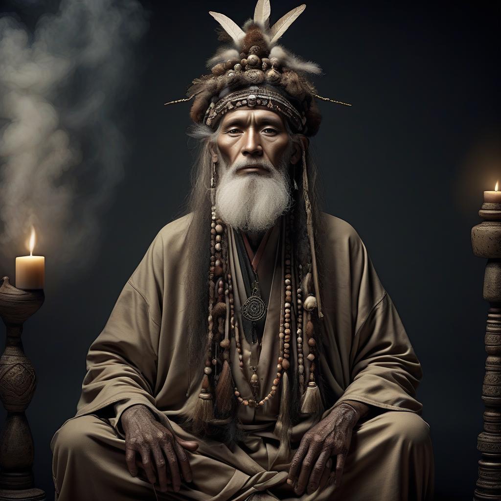  visualization of religion as a person, full height, characteristic of religion posture, characteristic of religion physique, characteristic of religion facial expression, characteristic of religion hairstyle, characteristic of religion clothing, male character, shaman, hermit, old age, mystery